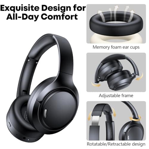 Hybrid Active Noise Cancelling Headphones 120H Playtime 6 ENC Clear Call Mic, Over Ear Headphones Wireless with Hi-Res Audio Comfort Earcup Low Latency ANC Bluetooth 6.0 Headphones for Travel Workout view 3