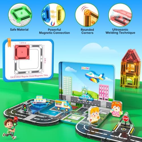 IGIVI Mini Magnetic Tiles Road Travel Essentials Set — Portable STEM Sensory Magnetic Building Blocks for Toddlers & Preschool, Compact Travel Toys for 3+ Boys & Girls, Easter Birthday Gift view 4