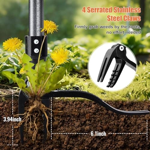 GOXAWEE Metal Stand Up Weed Puller Tool - 45" Garden Weeding Tool with Steel Long Handle & 4-Claw Steel Head - Effortlessly Remove Weeds Without Bending/Kneeling - All Steel Construction view 2