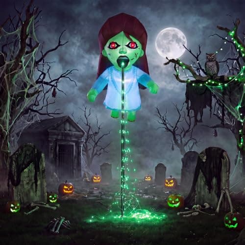 Giant Blue 12.8 FT Halloween Inflatables Floating Ghost Doll Yard Decor | Built-in Flowing Green LED String Lights, Blow Up Zombie Girl for Yard Lawn Garden Holiday Halloween Party Supplies — image 1