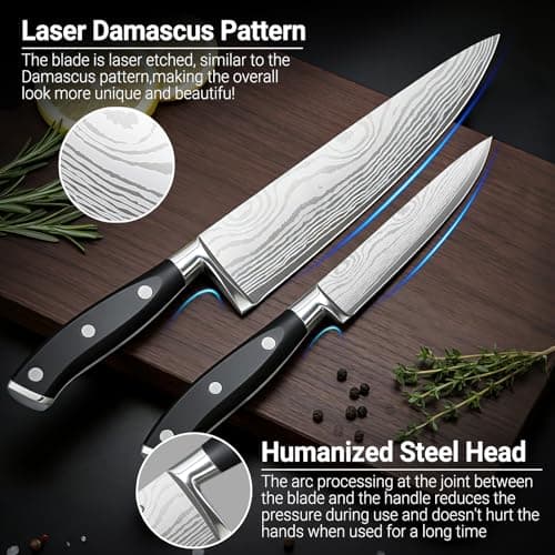 fomidao 2PCS Chef Knife Set, Razor Sharp Japanese Kitchen Knife Set, High Carbon Steel Damascus Pattern Chef's knives, Cooking Knife with Full Tang Handle Design for Home Kitchen view 3