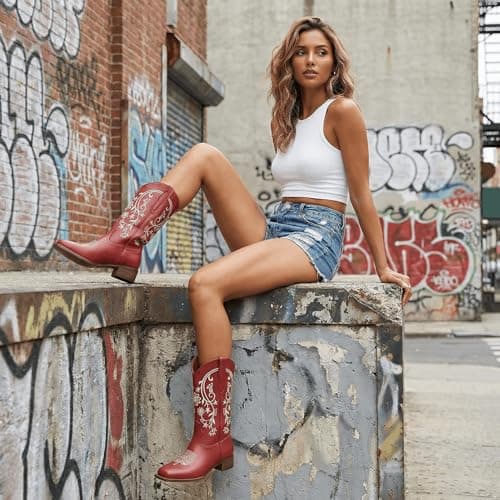 UJPFEO Cowboy Boots for Women Mid Calf Cowgirl Boots Square Toe Pull On Low Chunky Heel Embroidery Western Boots view 6