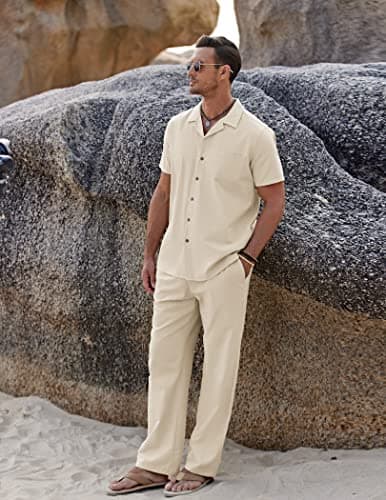 COOFANDY Men 2 Piece Linen Outfit Beach Button Down Shirt Casual Loose Pant Sets view 4