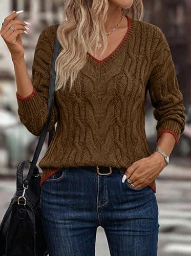 LaGracia Women's Oversized Cable Knit V Neck Sweaters Trendy Color Block Sweater Pullover 2026 view 2