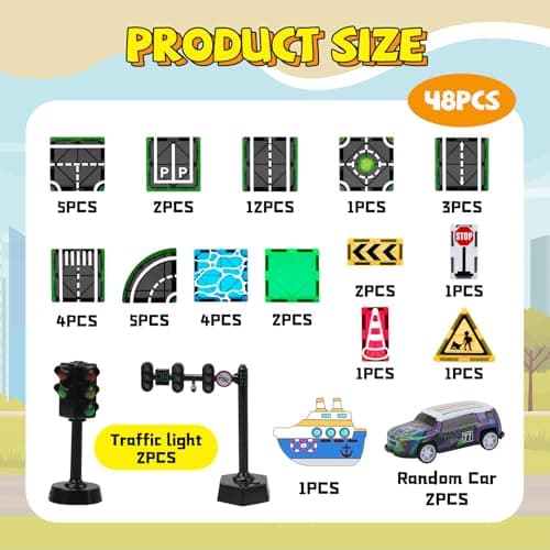 Road Magnetic Tiles with Traffic Light & Cars for Kids Ages 4-8, Boy Toys | Traffic City Center Expansion Set, Pullback Car, Ship, Race Track, Magnet Building Blocks, Preschool Gifts Christmas Toys view 2