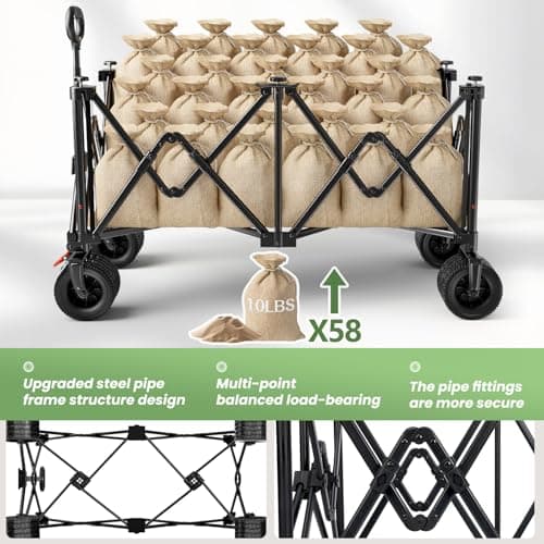 Beach Wagon Carts Foldable 580LBS Collapsible Wagon with Big All-Terrain Wheels for Sand 340L Heavy Duty Utility Carts with Cup Holders for Garden, Camping, Grocery, Black view 6