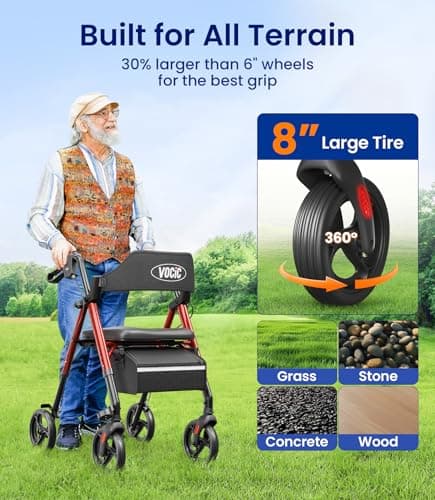 VOCIC Walkers for Seniors, Z21 Rollator Walker with Seat Supports 350lb, 8" Big Wheels for All Terrain, Ergonomic Arc Seat & 6" Ultra Backrest Foldable Walker, Dual Height Adjustment, Lightweight 2025 view 4