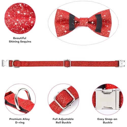 Jumpress Bling Bow Tie Collar and Leash Set, Red Christmas Dog Collar with Bow and 5ft Leash for Puppy Small Dogs (Neck fit 9-12'') view 3