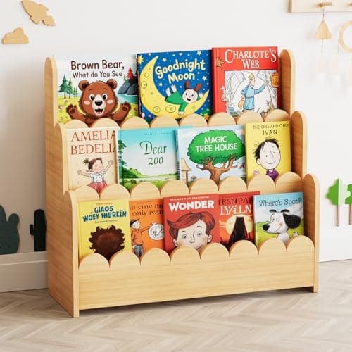 SpaceAid 3-Tier Scalloped Bookshelf, Montessori Bookcase for Toddlers, Wooden Book Shelf Organizer Display Furniture for Kids Rooms, Playroom, Nursery and Classroom, Natural — image 1