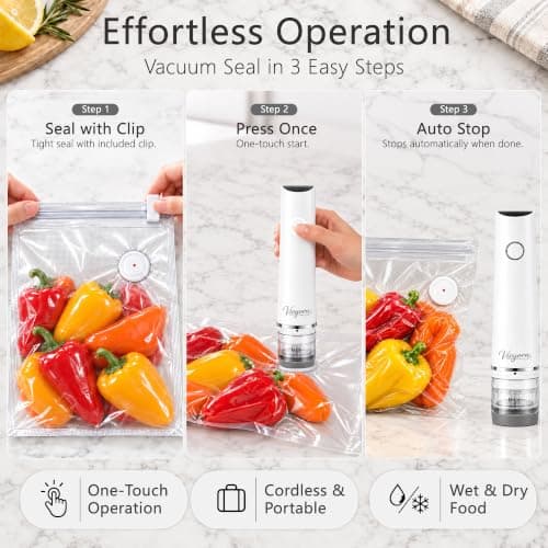 Vieyorn 60kPa Compact Food Vacuum Sealer Kit with 30 Reusable Bags-10S/M/L | WHITE Minimalist 60kPa Precision 8X Freshness USB Rechargeable Detachable Water Tank Portable for Meal Prep, Food Storage view 5