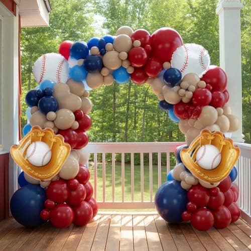 Baseball Balloon Garland Arch Kit, Navy Blue Red Nude Balloon Arch with Baseball Glove Foil Balloons for Sports Theme Birthday Party Decorations view 6