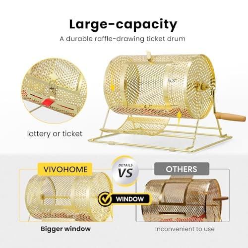 VIVOHOME 11 Inch x 8 Inch Brass Plated Raffle Drum Lottery Spinning Drawing with Wooden Turning Handle Holds 2500 Tickets view 6
