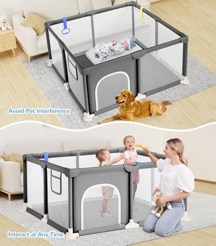 Dripex Baby Playpen, 47"x47" Small Playpen for Babies, Enhanced Safety Baby Play Yard for Indoor & Outdoor, Infant Play Pen with Soft Breathable Visible Mesh, Anti-Fall Design & Easy Setup, Grey view 4
