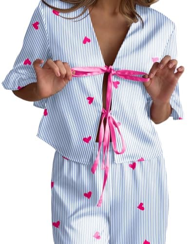 Ekouaer Silk Pajamas for Women Set 3/4 Sleeve Ruffle Pjs Bow Tie Sleepwear view 2