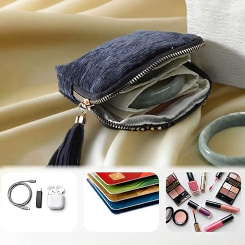 Iosjeude Small Travel Jewelry Case Organizer for Women Portable Jewelry Box with Small Pouches for Gemstones Healing Crystal Bracelets, Necklace Bangles Storage, Gift Ring Holder, Blue Tassel view 3