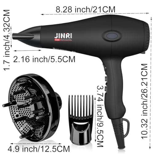 Blow Dryer - JINRI 1875W Diffuser Hair Dryer for Salon & Personal Use – Powerful, Fast Drying with Diffuser, Comb & Nozzle for Women & Men, with ALCI Safety Plug, Black view 3