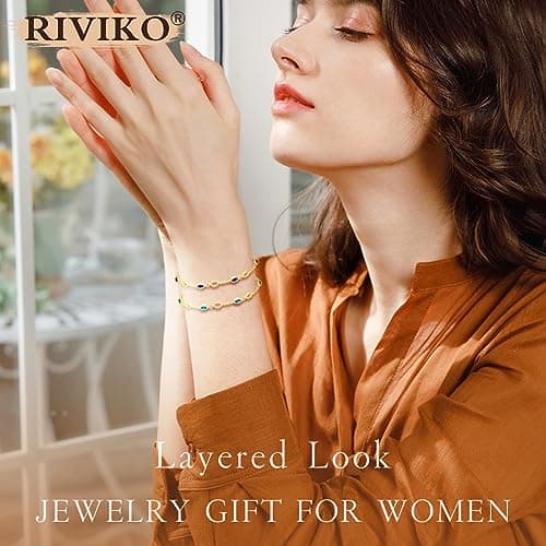 RIVIKO Birthstone Bracelets for Women,925 Sterling Silver Gold Plated Dainty Women Charm Link Bracelet,Adjustable Anniversary Jewelry Chrismas Birthday Mothers day Gifts for Mom Her Wife Friend Lady view 3
