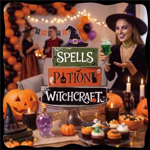 4 Pcs Hocus Pocus Decor, Vintage Halloween Decorations Indoor Table Sign | Halloween Kitchen Decor, Wooden Witch Hat Halloween Party Centerpieces, Tiered Tray Decor for Office Home Mantel Shelf view 5