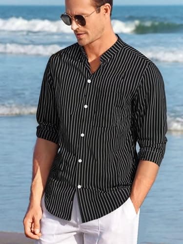 BAYAMO Men's Banded Collar Stripe Shirt, Linen Cotton Mandarin Collar Long Sleeve Button Down Shirts Collarless Tops view 3