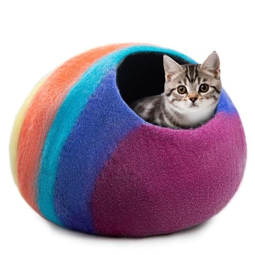 Woolygon Premium Felt Cat Cave Bed – Wool Kitty Beds Handcrafted Kitten Caves Bed for Indoor Cats - Made from Merino Wool, Foldable Cat Hideaway Covered Cat House Pod (Rainbow Twist) — image 1