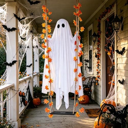 Swinging Ghost Outdoor Decor,4.4FT Halloween Decorations Outdoor Indoor with Ghost on A Swing for Outside Garden Yard Porch Tree,Hanging Large Spooky Cute Ghosts with String Lights for Party view 6