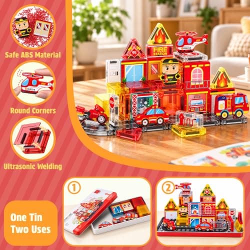 Mini Magnetic Tiles Set with Fire Rescue|Travel Magnet Tiles for Boys | Fire Truck,Firemen,Road,Rescue Helicopter Mini Magnetic Travel Set|Construction Building Blocks for 3+ Year Old Birthday Gift view 5
