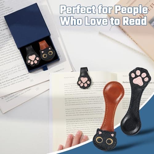 2Pcs Magnetic Leather Bookmarks with Gift Box Magnetic Pen Holder Book Marks Clip Gift for Book Lover Readers Men Women Teachers Students, Cat+Paw (Brown+Black) view 4