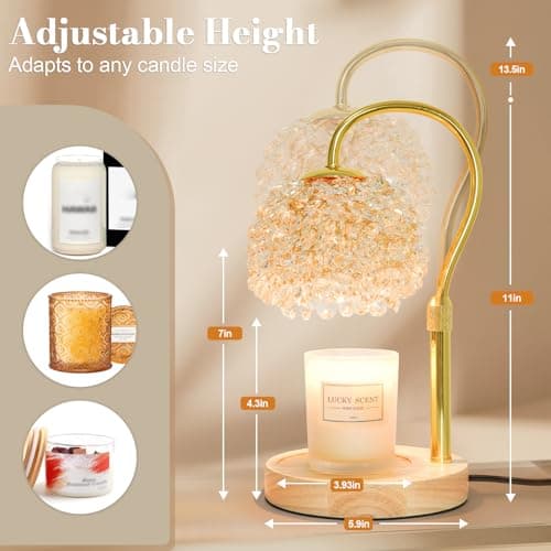 Hisummer Candle Warmer Lamp with Timer, Dimmable Candle Lamp Warmer with 312 K9 Crystals Adjustable Height Electric Candle Warmer for Women Gifts, Wax Warmer Lamp with 2 Bulbs for Jar Candles view 5