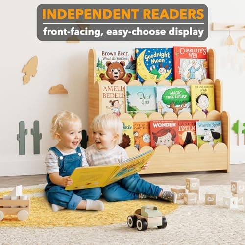 SpaceAid 3-Tier Scalloped Bookshelf, Montessori Bookcase for Toddlers, Wooden Book Shelf Organizer Display Furniture for Kids Rooms, Playroom, Nursery and Classroom, Natural view 3