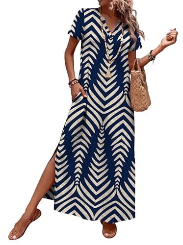 OFEEFAN Summer Dresses for Women 2026 Maxi Dress Short Sleeve Sundresses with Pockets Beach Vacation Spring Outfits view 4