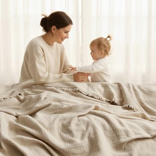 WDCOZY Muslin Throw Blanket 100% Cotton Blankets 4-Layer Breathable Lightweight Soft for Couch Boho Farmhouse Linen Tassels Ruffle Gauze Blankets All Season for Adults 50x60 Inches Beige Tan Neutral view 3
