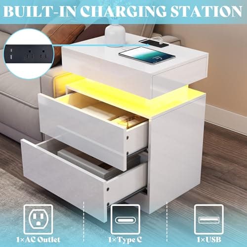 AMERLIFE High Gloss End Table Set of 2 with Charging Station, Modern Bedside Table Night Stand with Lights, LED Nightstand with Drawers for Bedroom Living Room, White view 6