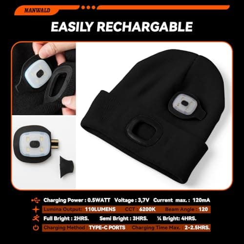 MANWALD LED Beanie Hat with Light, USB Rechargeable LED Headlamp, Gifts for Men, Mens Gifts, Birthday Gifts for Him Dad Husband, Boyfriends, Black view 3