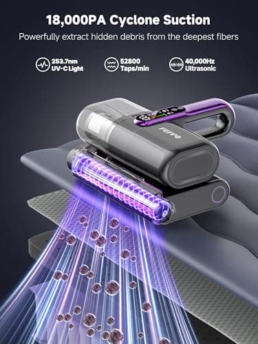 FEPPO Cordless Mattress Vacuum Cleaner, 18Kpa Bed Vacuum with 253.7nm UV-C Light & Ultrasonic Technology, Handheld Vacuums with Dust Sensor & LED Display, 52800 Times/Min High Frequency Tapping view 2
