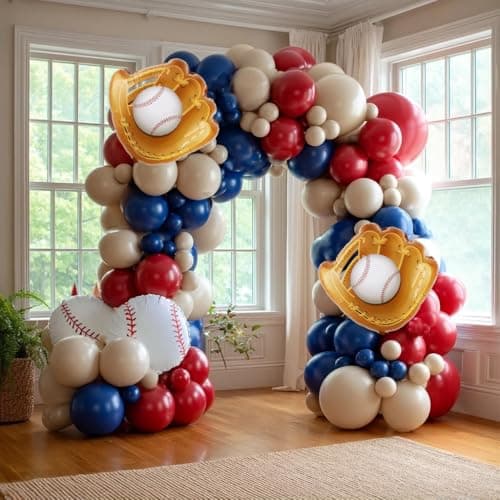 Baseball Balloon Garland Arch Kit, Navy Blue Red Nude Balloon Arch with Baseball Glove Foil Balloons for Sports Theme Birthday Party Decorations view 5