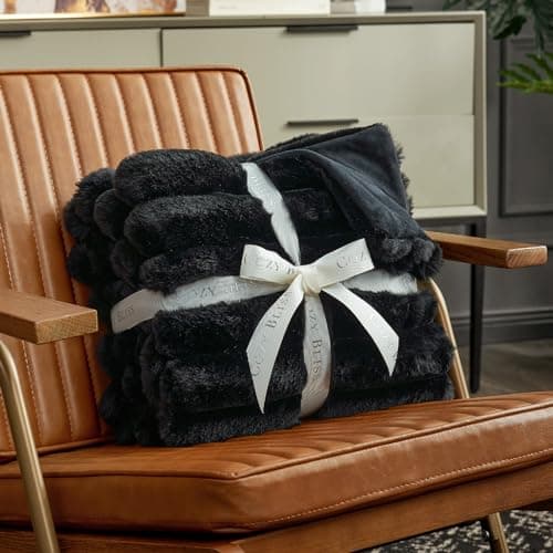 Cozy Bliss Faux Fur Throw Blanket for Couch, Cozy Warm Plush Striped Blanket for Sofa Bedroom Living Room, 50 * 60 Inches Black view 4