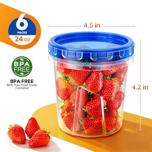 Freezer Storage Containers, [6 Pack-24 Oz] Airtight Plastic Food Storage Containers with Twist Top Lids, Soup, Meal Prep Containers | BPA Free | Stackable | Leakproof | Microwave/Dishwasher Safe view 2
