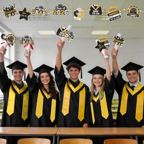 Graduation Decorations 2026 Graduation Party Decorations 32Pcs Black Gold Grad Table Centerpiece Sticks with String Lights for College High School Congrats Grad Party Decor Photo Props view 5