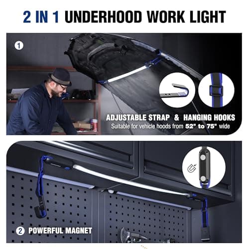 WORKPRO Rechargeable Underhood Work Light, 25" Foldable Magnetic Light Bar | Adjustable Hanging Straps, Hands-Free Repairing LED Light, Wide Area Coverage, Garage & Emergency Use view 4