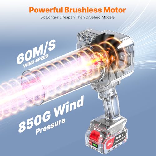 OGERY Brushless Cordless Leaf Blower - 900G Blowing Pressure Turbo Jet Blower with 2x3000mAh Batteries & 480W Motor, Handheld Leaf Blowers for Lawn Care, Car & Workshop Dust, LED Work Light view 2