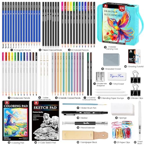 106 PCS Art Supplies Sketching Kit, Pro Drawing Pencils with 3-Color Sketchbook, Coloring Book, Colored Graphite Charcoal Watercolor & Metallic Pencils, Drawing Supplies Gifts for Artists Adults view 3