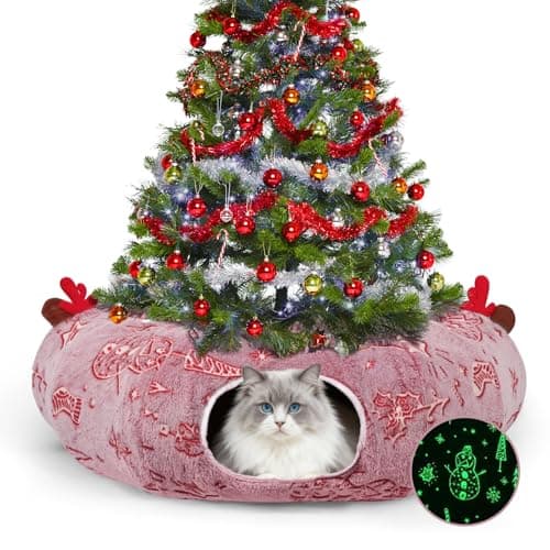 Cat Tunnel Christmas Tree Skirt, Cat Tunnel Bed, Cat Donut Tunnels Bed for Indoor Cats, with Washable Cushion, Hanging Toy Ball, Christmas Tree Protector & Decoration — image 1