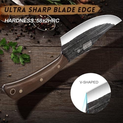 HOSHANHO Butcher Knife Set, Sharp Kitchen Knife Set & Roll Bag Gift for Men | Hand Forged 8PCS Butcher Chef Knife Set with Meat Cleaver Knife & Bone Chopper Knives & Fillet Knives for Home, Camping, BBQ view 5