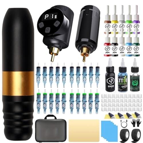 Tattoo Kit Tattoo Gun Wireless Tattoo Machine with 2 Batteries, Tattoo Ink Color Set, 20Pcs Tattoo Needles and Full Accessories Tattoo kit Complete for Beginners (Gold) — image 1
