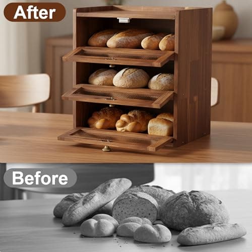 Bread Box for Kitchen Countertop, Bin 3 Layer Bread Storage Container, Wooden Breadbox Holder, Large Capacity Food Organizer, Vintage Multi-functional Container, Pantry Shelf with Acrylic Window view 6