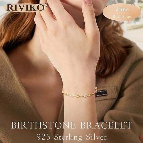 RIVIKO Birthstone Bracelets for Women,925 Sterling Silver Gold Plated Dainty Women Charm Link Bracelet,Adjustable Anniversary Jewelry Chrismas Birthday Mothers day Gifts for Mom Her Wife Friend Lady view 2