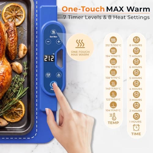 FJAU Warming Mat for Food， Extra Large 26"x15", 7 Heat Levels, 8 Hour Timer | Electric silicone heating mat for food, countertop warming trays, warming pads for buffets, chafing dishes and parties, Blue view 4
