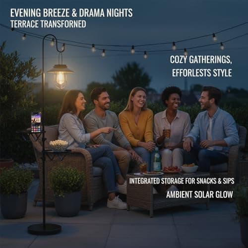 Kirschblüte Solar Floor Lamp with Table, 60" Outdoor Shepherd Hook with Solar Lantern, Waterproof Metal Side Table for Patio, Heavy Duty Solar Pole Light for Garden, Deck, Porch and Backyard Decor view 6