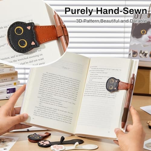 2Pcs Magnetic Bookmarks with Gift Box Magnetic Pen Holder for Notebook Cat Book Marks Clip Gift for Book Lover Readers Cute PU Leather Bookmark for Women, Cat (Brown+Brown) view 6