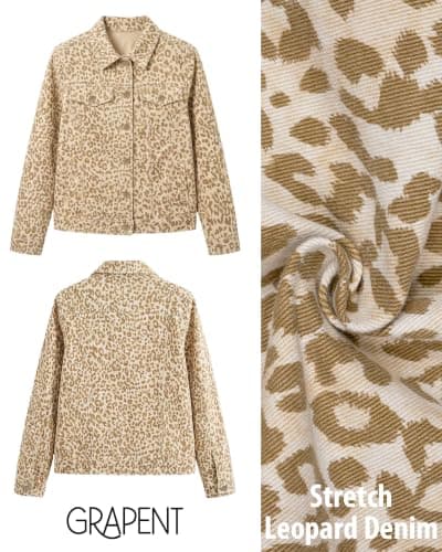 GRAPENT Leopard Cheetah Print Jean Jacket Women Casual Denim Trucker Jacket | Stretchy Denim Jacket, Animal Print, Button Down, Long Sleeve, Side Pockets, Western Outfit, Fall Outfits for Women view 4